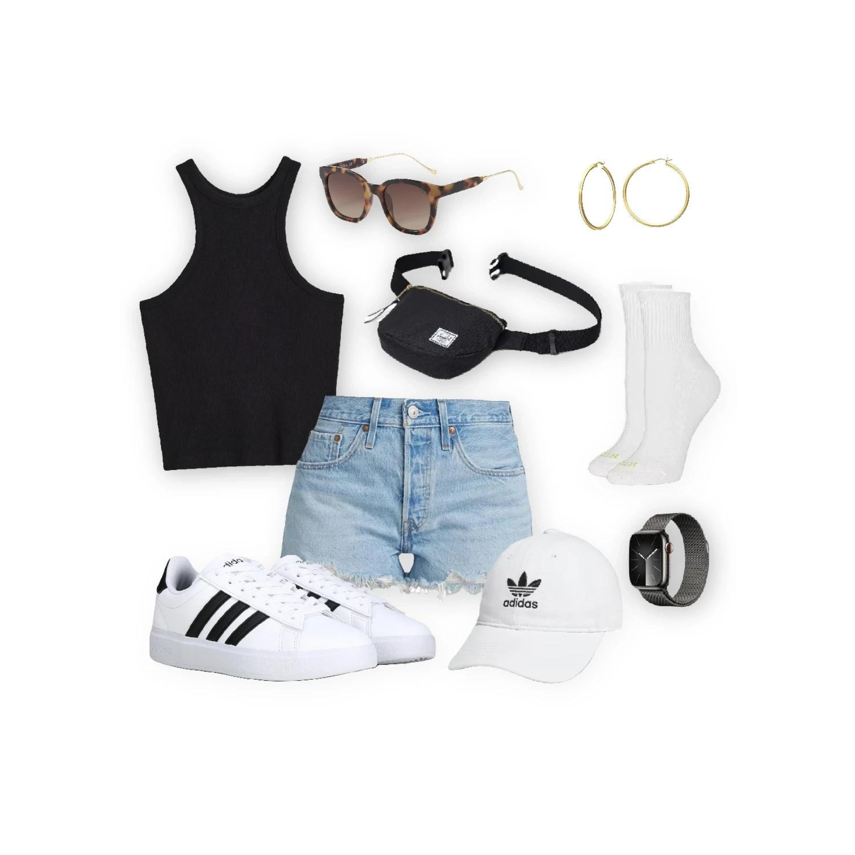 Outfit featuring Levi's 501 Original denim shorts paired with a black tank top, white Adidas sneakers, white socks, a white Adidas cap, tortoiseshell sunglasses, a black belt bag, gold hoop earrings, and a black apple smartwatch.