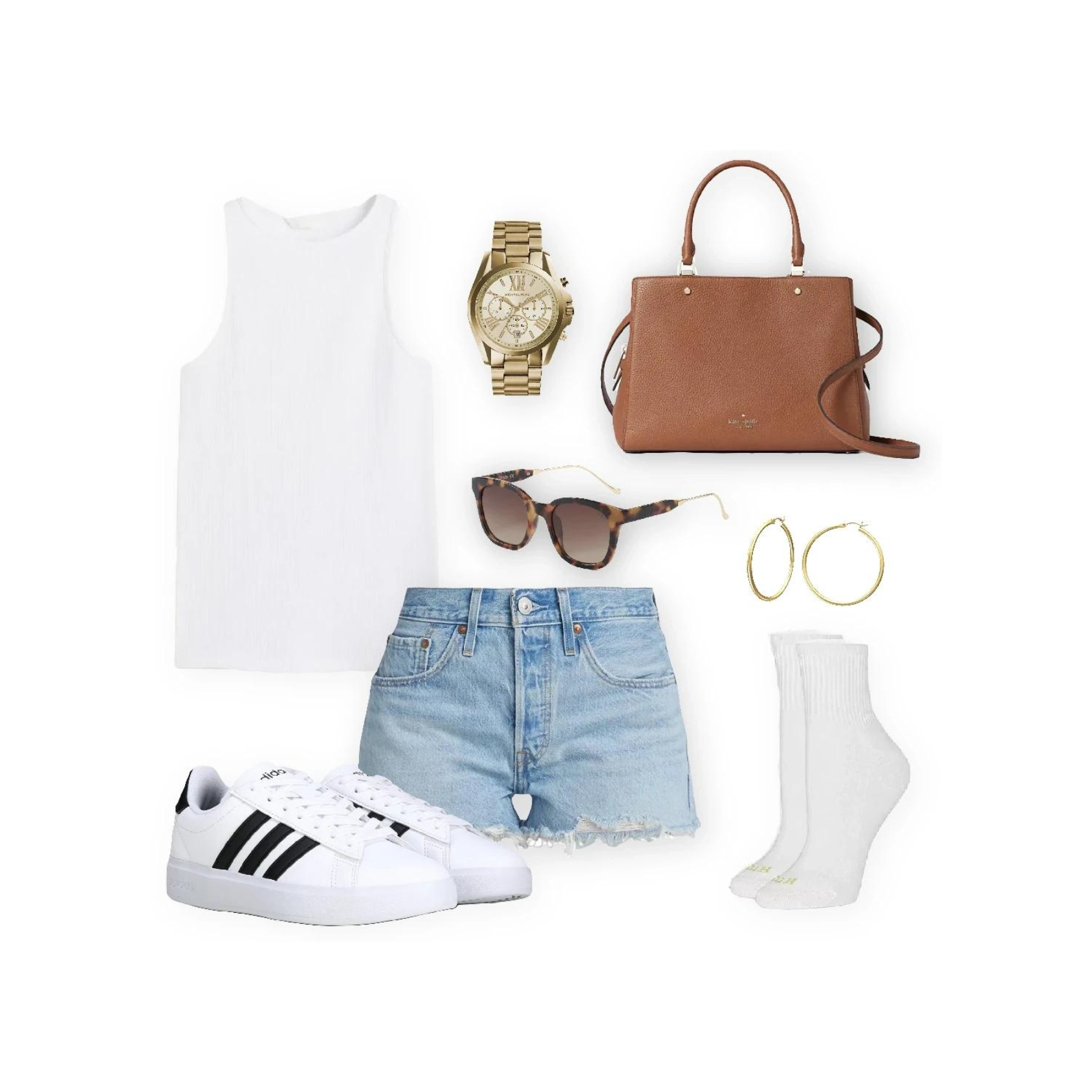 Featuring Levi's 501 Original denim shorts paired with a white tank top, white Adidas sneakers, white socks, a brown handbag, tortoiseshell sunglasses, a gold watch, and gold hoop earrings.