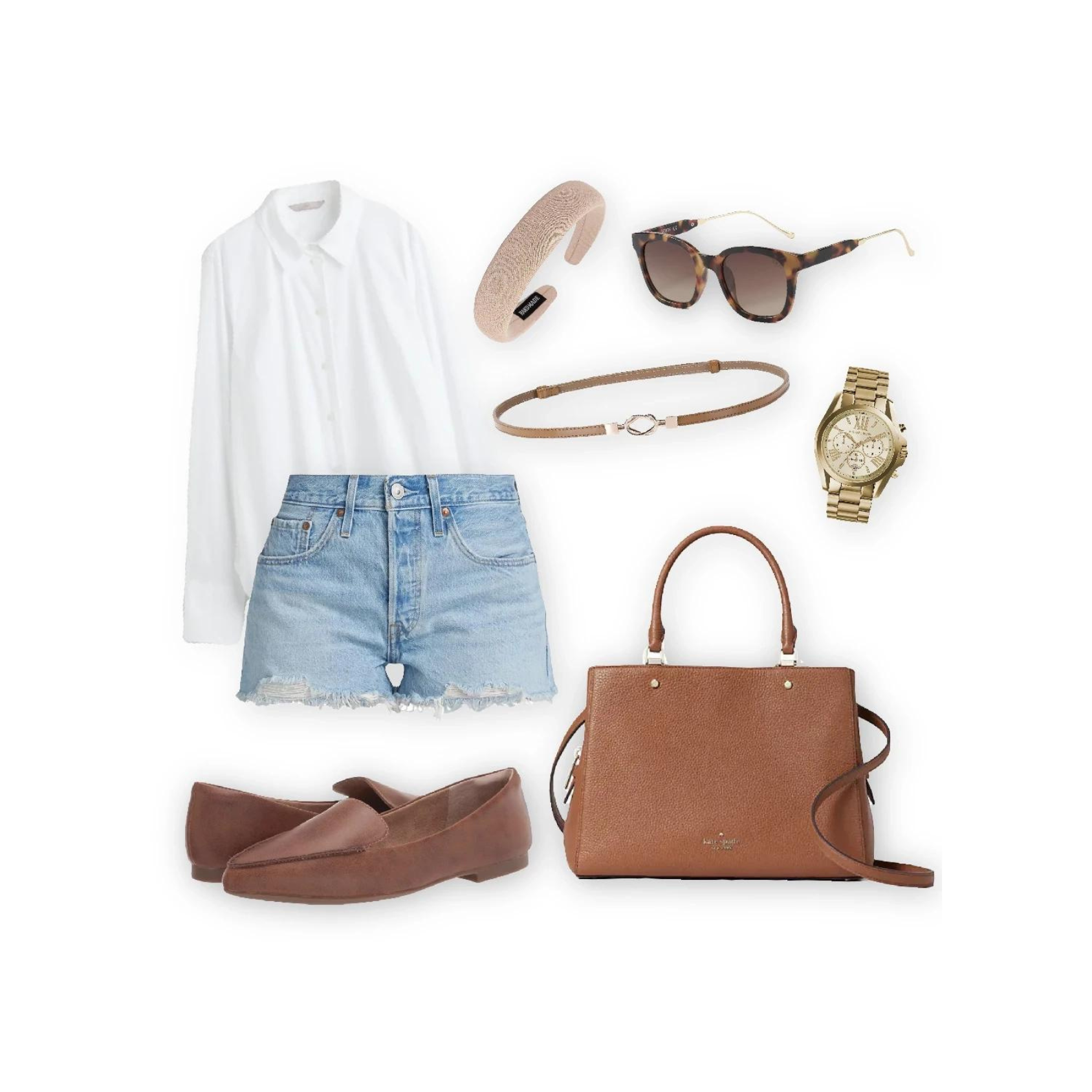 Outfit featuring Levi's 501 Original denim shorts paired with a white button-up shirt, brown loafers, a brown handbag, tortoiseshell sunglasses, a gold watch, a beige headband, and a brown belt.