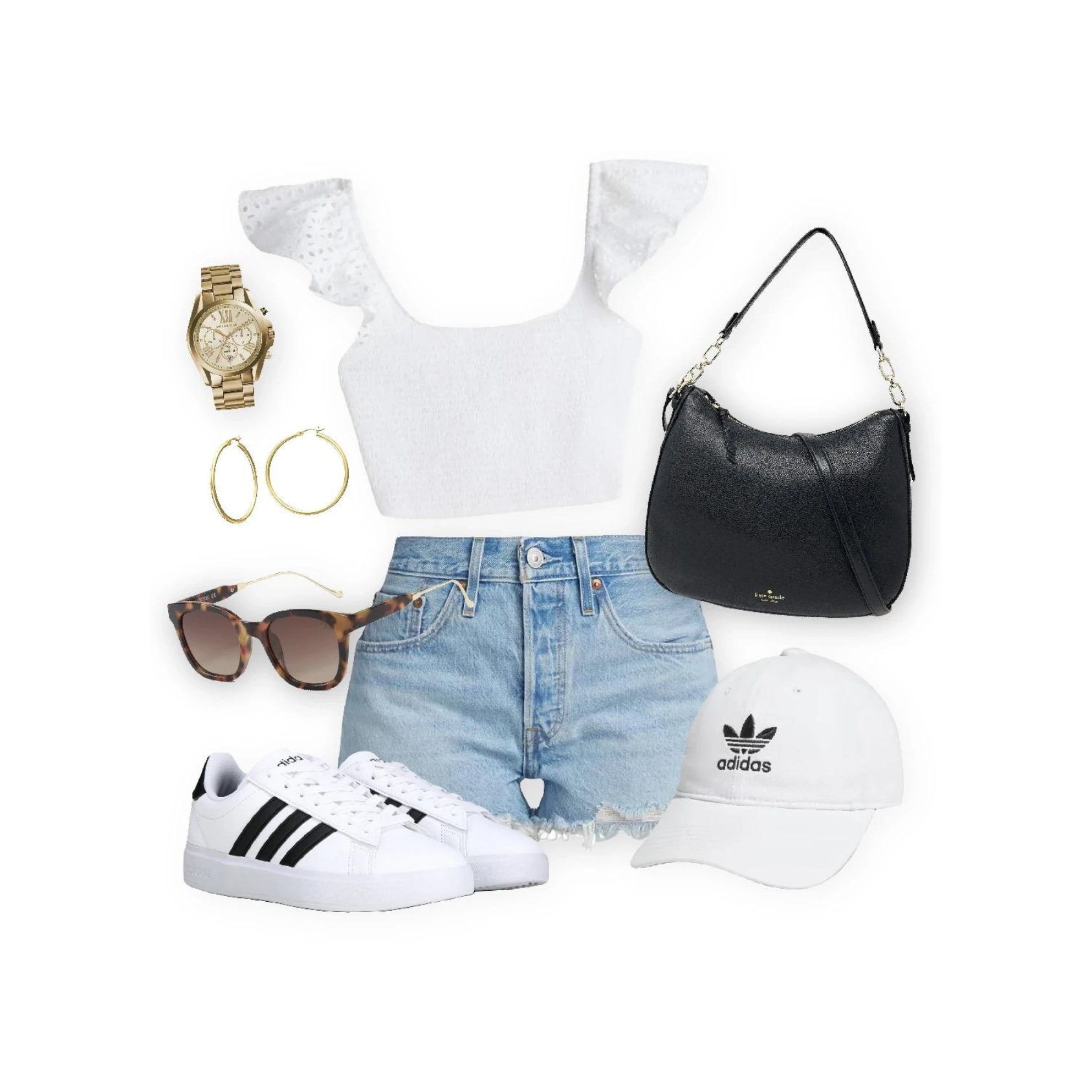 Outfit featuring Levi's 501 Original denim shorts paired with a white cropped top with ruffle sleeves, white Adidas sneakers, a white Adidas cap, tortoiseshell sunglasses, a black handbag, a gold watch, and gold hoop earrings.