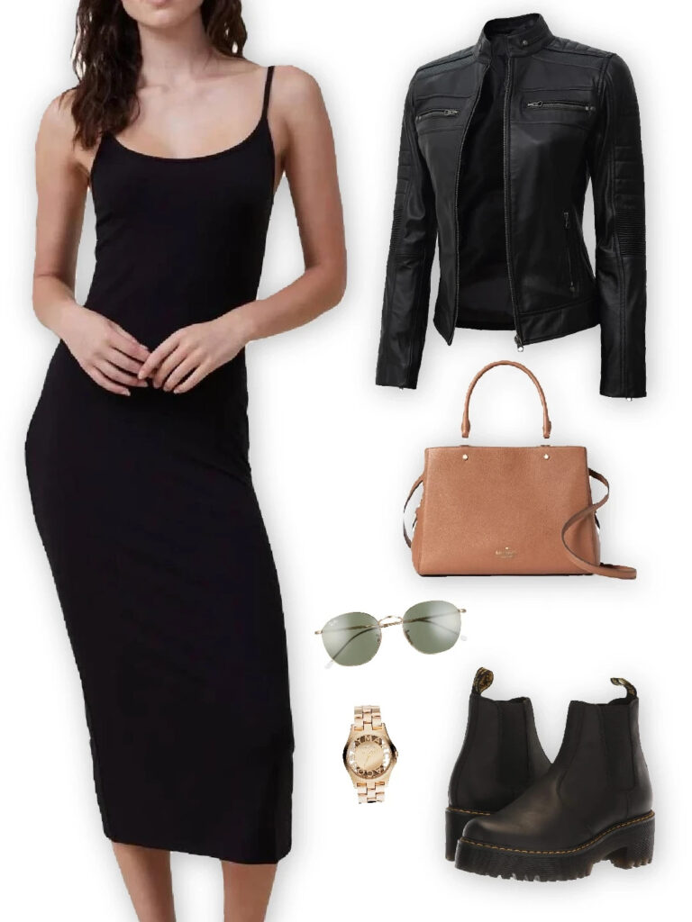 Leather jacket layered over a black bodycon dress, paired with chunky boots, a tan handbag, a gold watch, and classic sunglasses.