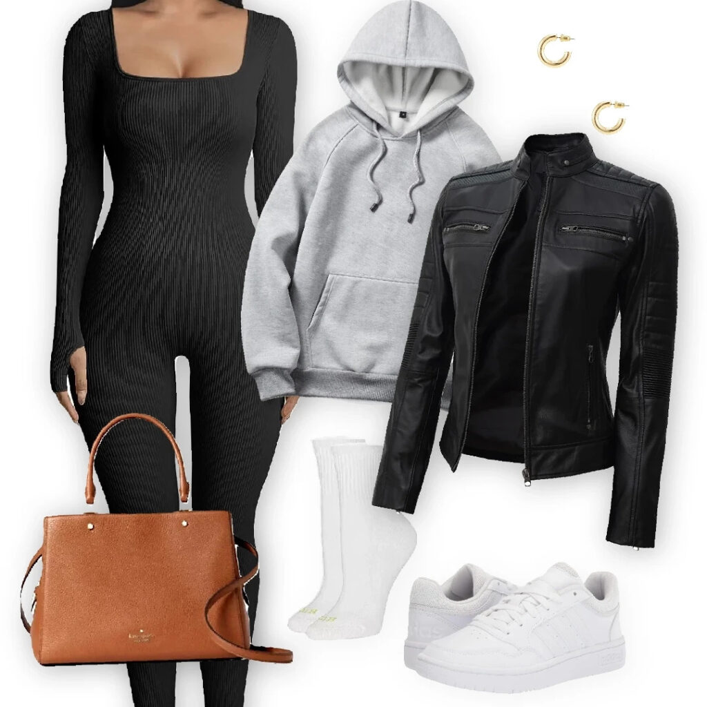 Leather jacket layered over a grey hoodie and black leggings, paired with white sneakers, a brown handbag, gold hoop earrings, and crew socks.