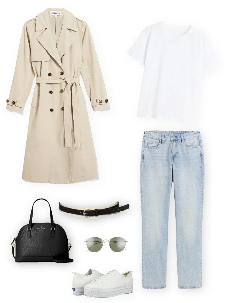 Beige trench coat, white tee, light-wash jeans, white platform sneakers, black belt, black handbag, and round sunglasses.