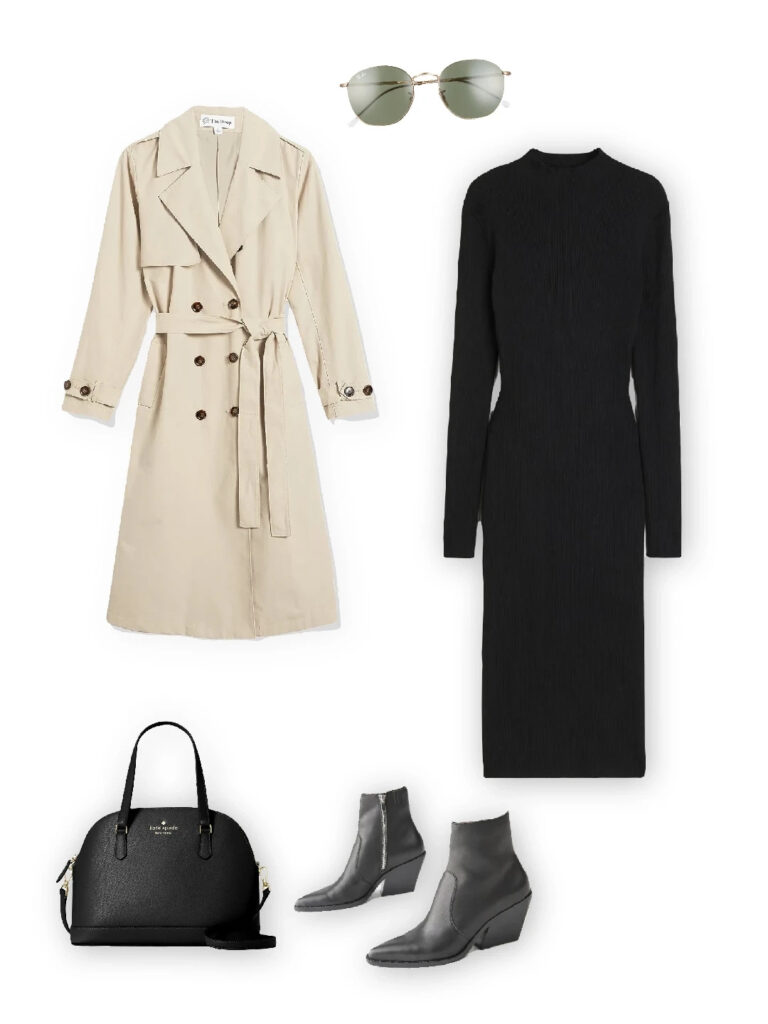 Beige trench coat, black midi dress, grey heeled ankle boots, black handbag, and round sunglasses.