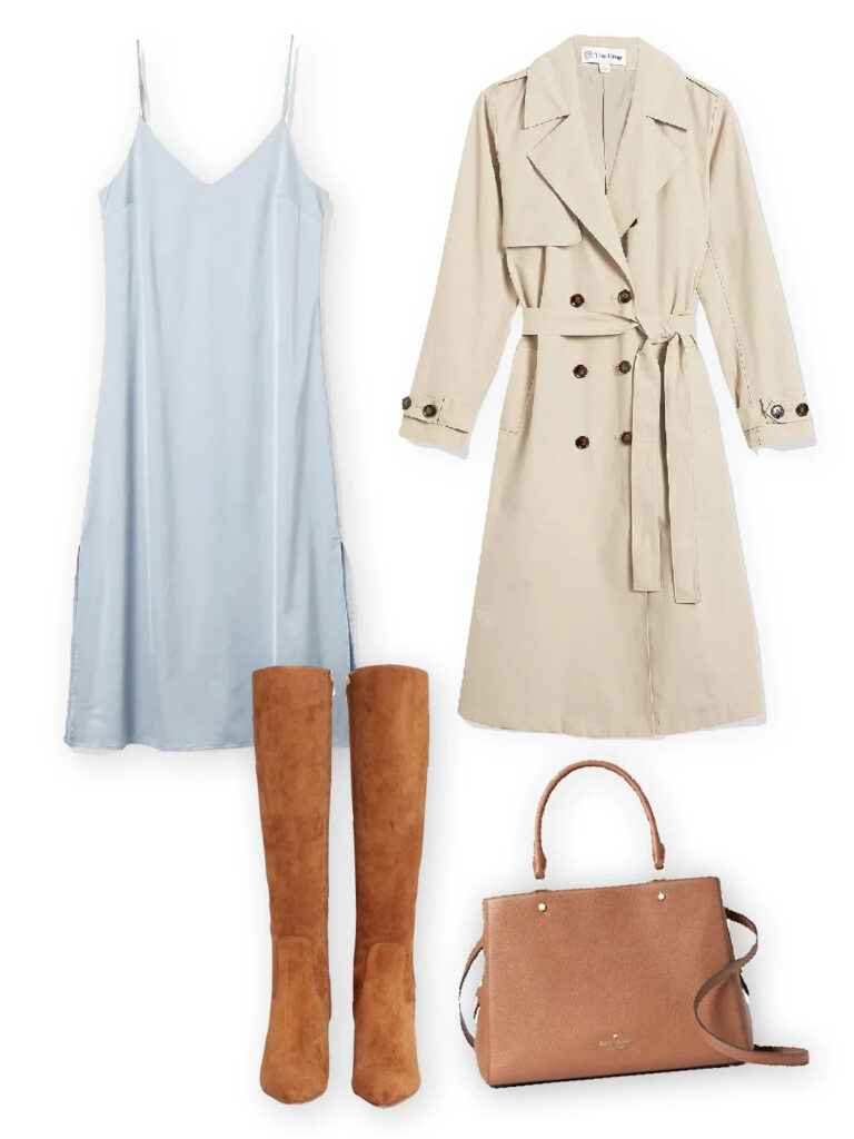 Beige trench coat, pastel blue slip dress, knee-high suede boots, and brown handbag.