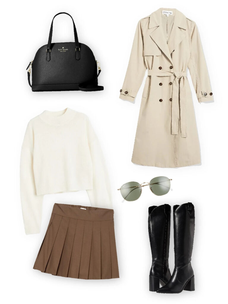 Beige trench coat, white sweater, pleated brown skirt, black knee-high boots, black handbag, and aviator sunglasses.
