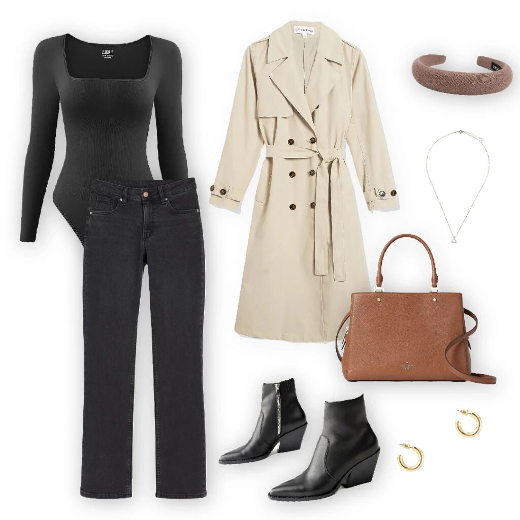 Beige trench coat, black bodysuit, high-waisted black jeans, black ankle boots, brown handbag, headband, necklace, and gold hoop earrings.