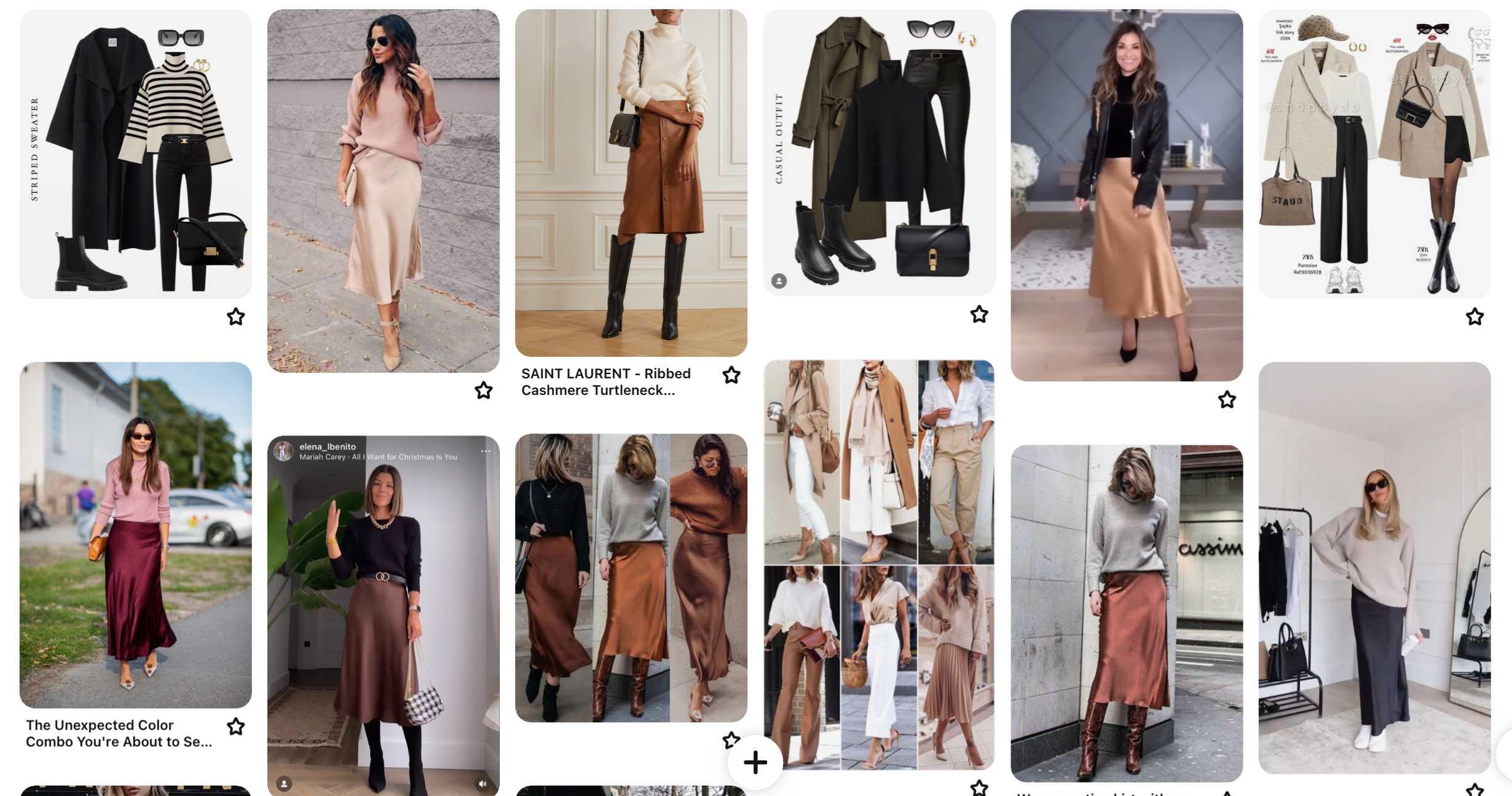 A collection of fashion pins showcasing various fall outfits, including cozy sweaters, skirts, pants, and accessories. The images highlight items such as an oversized white sweater, a brown knit sweater with a plaid skirt, and a tan coat paired with jeans. This board represents the blogger's research on personal style and fashion brands during the winter of 2022-2023.