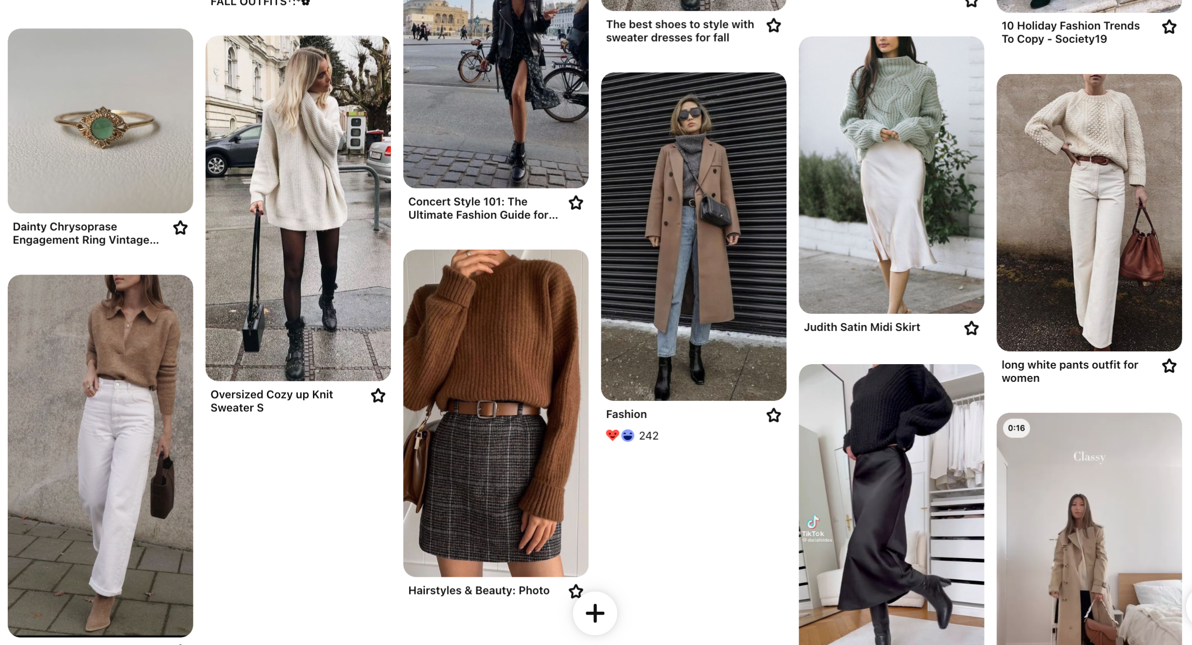A selection of fashion pins featuring my style, which is different outfit ideas, such as a striped sweater with black pants, a pink sweater with a satin skirt, and a leather jacket with a gold skirt. The pins include both styled outfit collages and individual looks, emphasizing the blogger's exploration of style preferences and brand comparisons during the winter of 2022-2023.