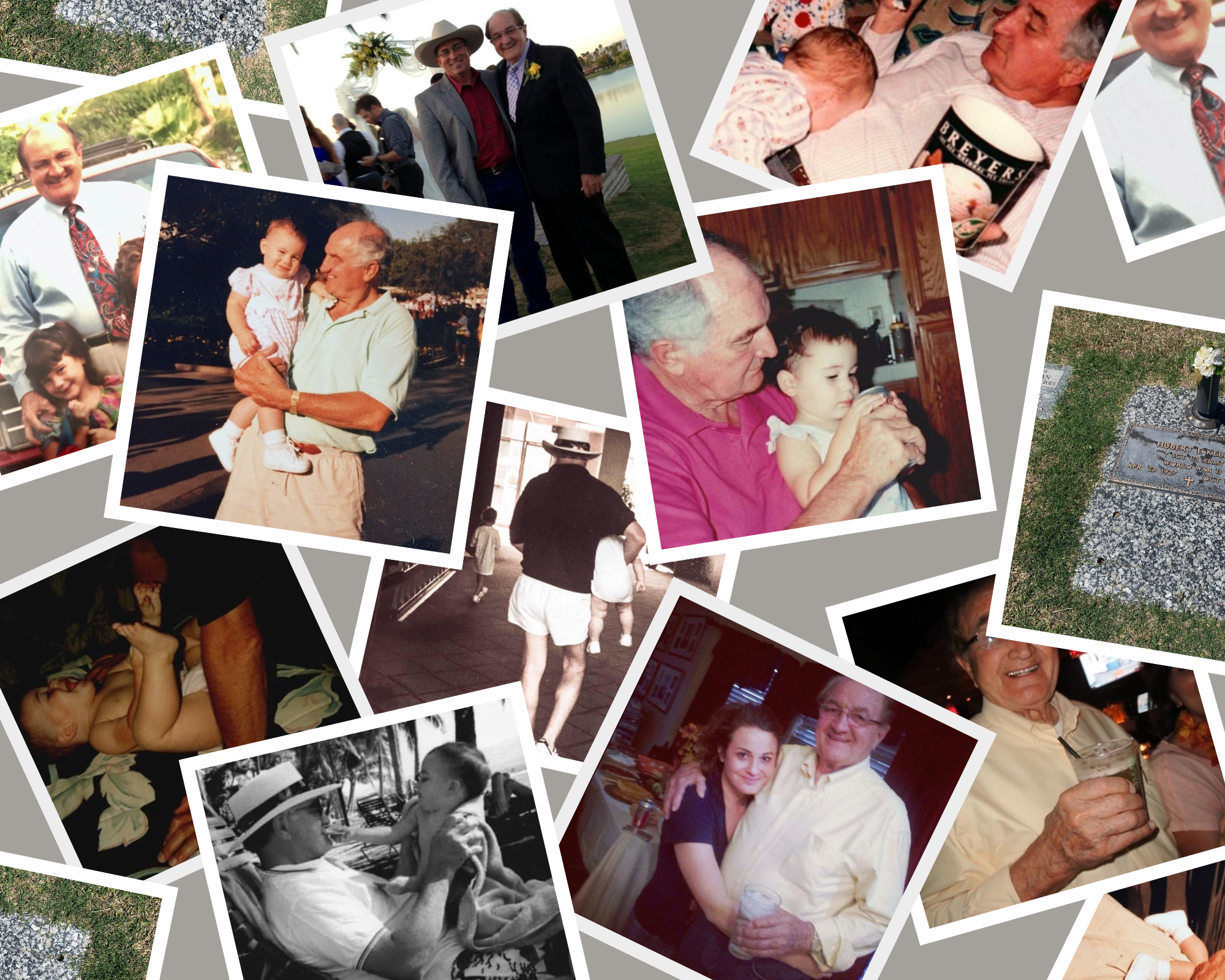 A collage of photos featuring cherished moments with my older dad, including him holding me as a baby, sharing ice cream, walking hand-in-hand, and celebrating special occasions together. The collage also includes a picture of his gravesite, capturing the full spectrum of our relationship and memories